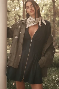 The Tommie Long-Sleeve Smocked Front-Zip Mini Shirt Dress