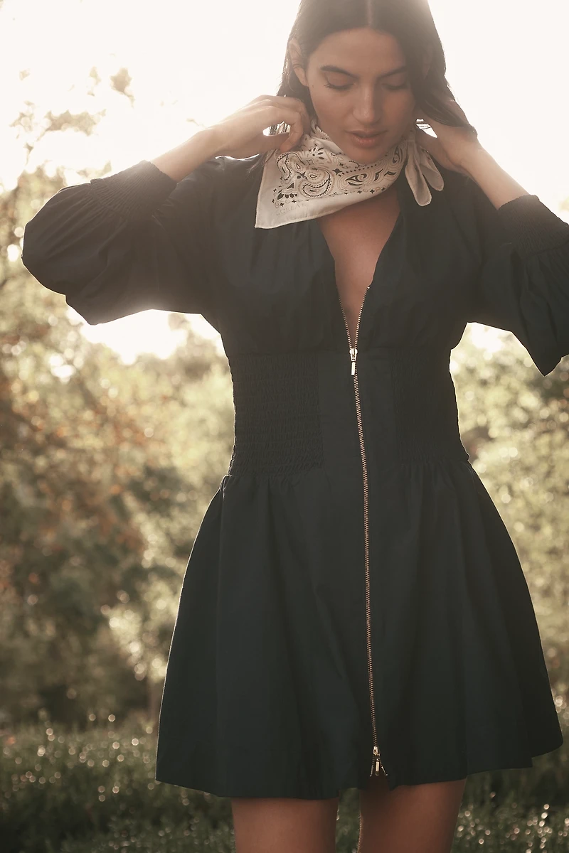 The Tommie Long-Sleeve Smocked Front-Zip Mini Shirt Dress