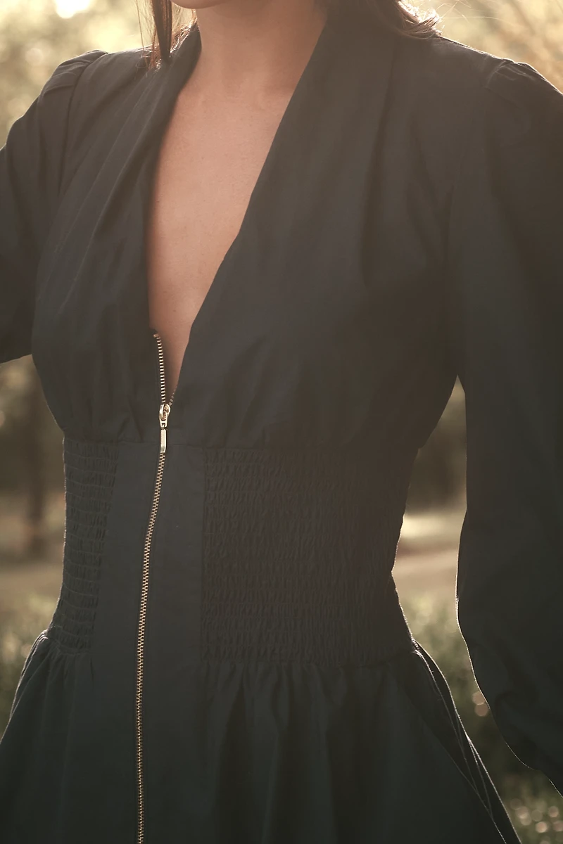 The Tommie Long-Sleeve Smocked Front-Zip Mini Shirt Dress