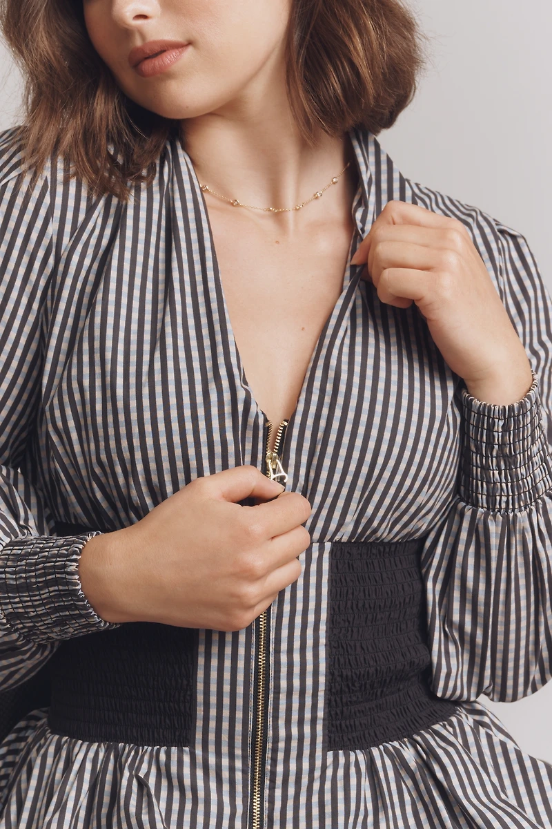 The Tommie Long-Sleeve Smocked Front-Zip Mini Shirt Dress