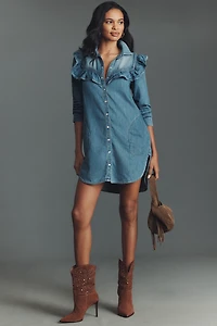 Pilcro Long-Sleeve Ruffled Denim Mini Shirt Dress