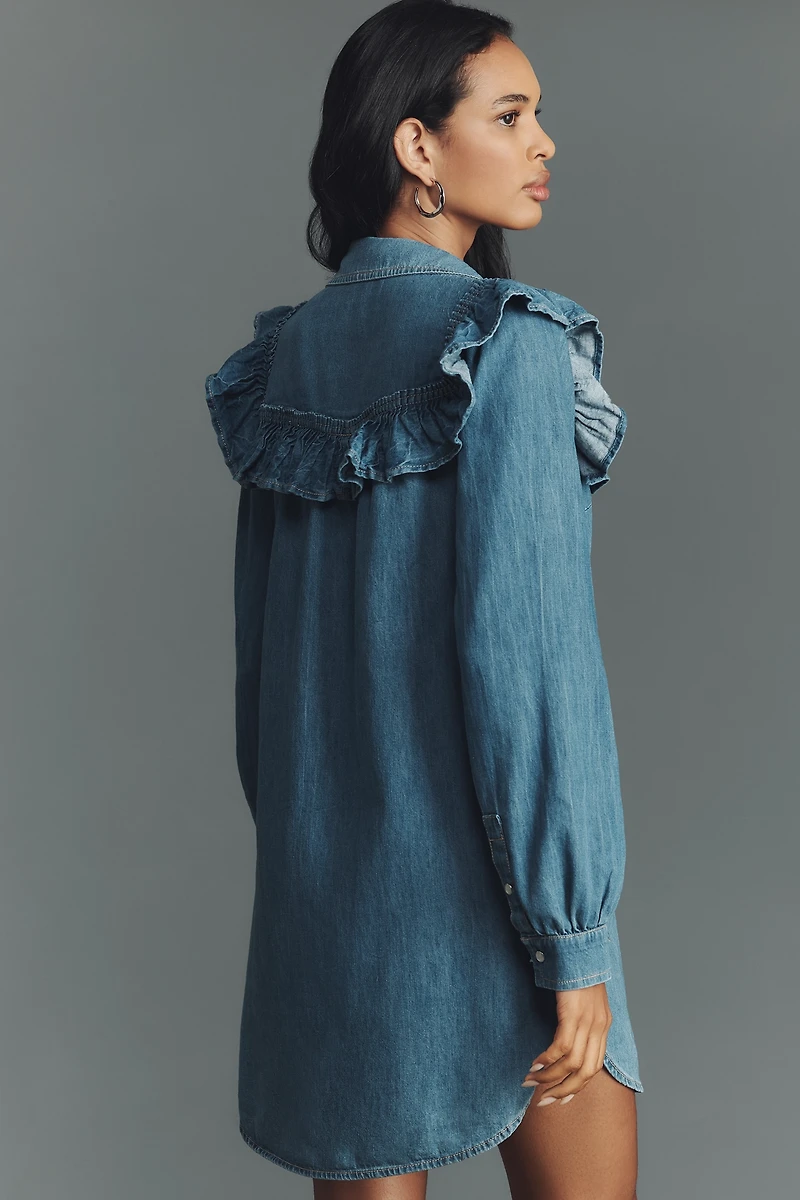 Pilcro Long-Sleeve Ruffled Denim Mini Shirt Dress