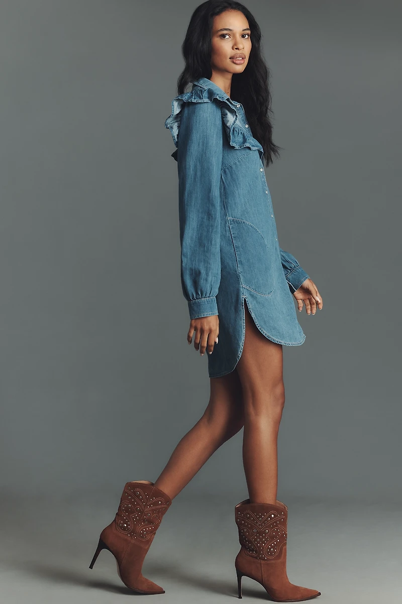 Pilcro Long-Sleeve Ruffled Denim Mini Shirt Dress