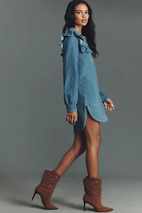 Pilcro Long-Sleeve Ruffled Denim Mini Shirt Dress