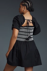 By Anthropologie Puff-Sleeve Square-Neck Smocked Mini Dress