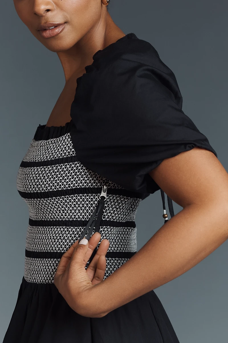 By Anthropologie Puff-Sleeve Square-Neck Smocked Mini Dress