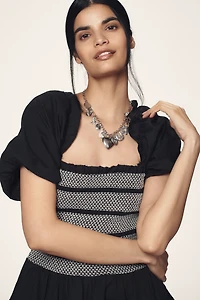 By Anthropologie Puff-Sleeve Square-Neck Smocked Mini Dress