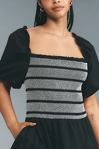 By Anthropologie Puff-Sleeve Square-Neck Smocked Mini Dress
