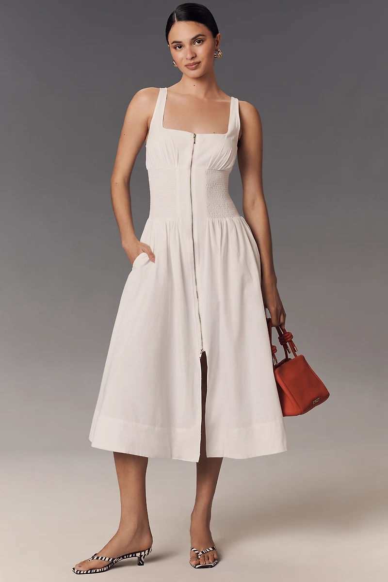 The Tommie Sleeveless Scoop-Neck Smocked Front-Zip Shirt Dress