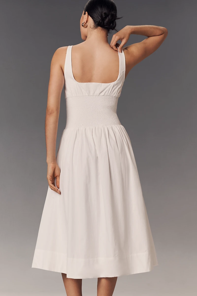 The Tommie Sleeveless Scoop-Neck Smocked Front-Zip Shirt Dress