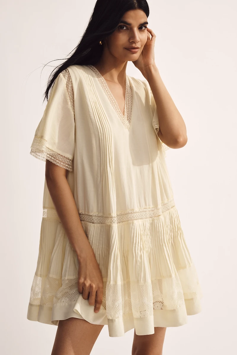 Maeve Short Sleeve V-Neck Pintuck Swing Tunic Dress