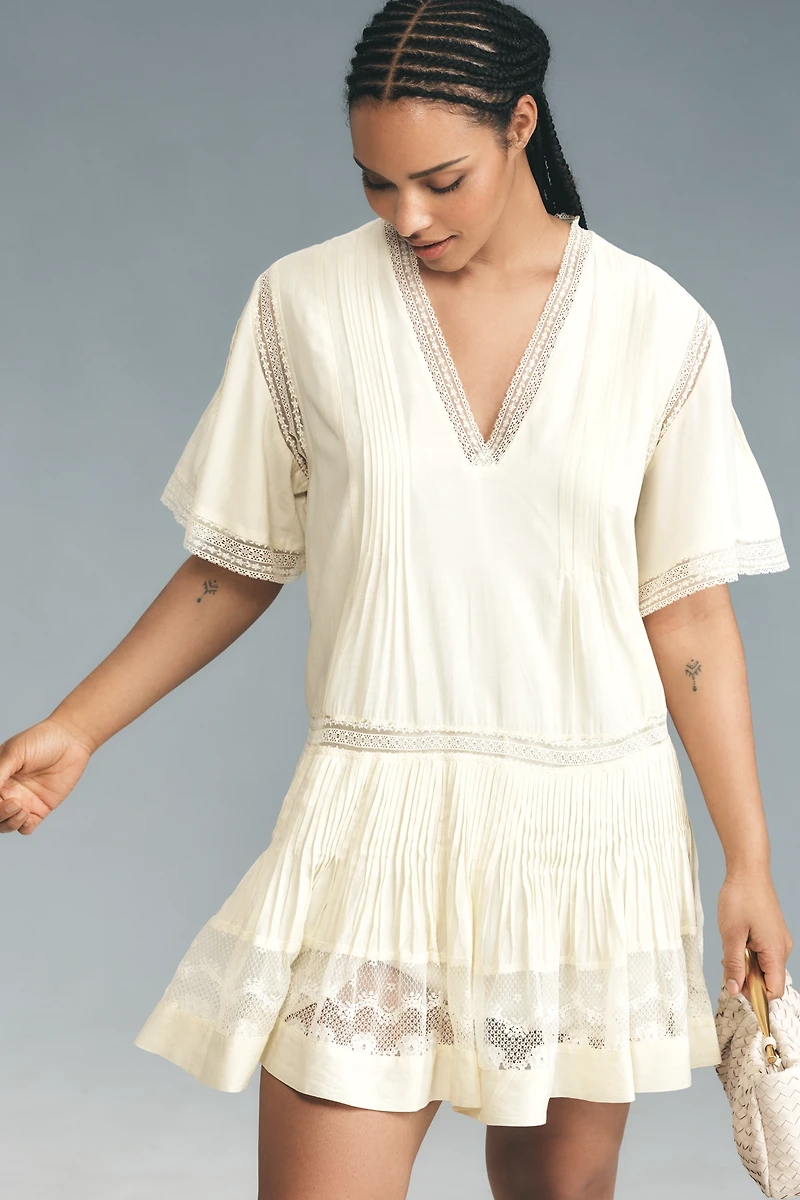 Maeve Short Sleeve V-Neck Pintuck Swing Tunic Dress