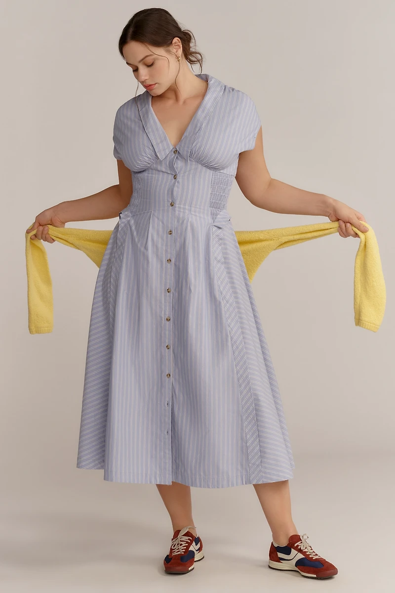By Anthropologie Short-Sleeve V-Neck Pleated Midi Dress