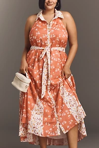 Maeve Halter Open-Back Godet Midi Shirt Dress