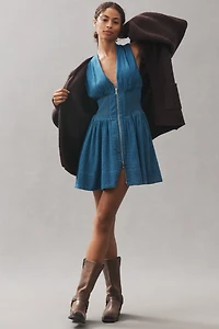 The Tommie Cap-Sleeve Smocked Front-Zip Shirt Dress: Mini Denim Edition