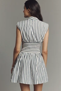 The Tommie Cap-Sleeve Smocked Front-Zip Mini Shirt Dress: Stripe Edition