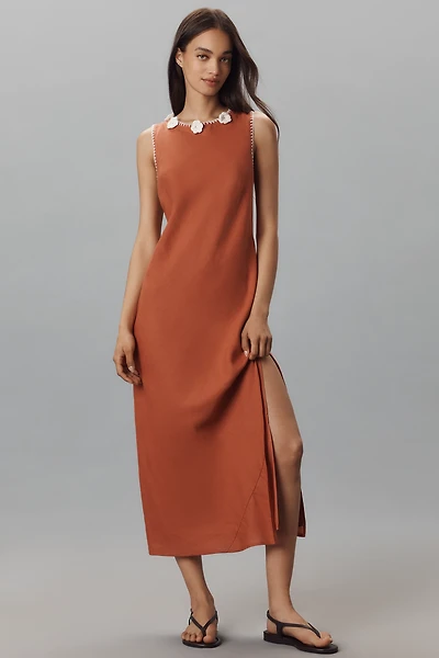By Anthropologie Linen Blend Sleeveless Crochet-Trim Midi Dress