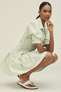 By Anthropologie Short-Sleeve Smocked A-Line Mini Shirt Dress