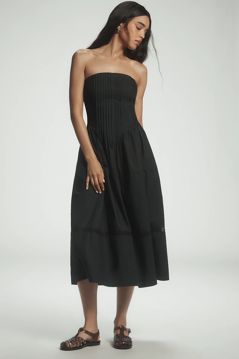 By Anthropologie Cotton Poplin Strapless Midi Dress