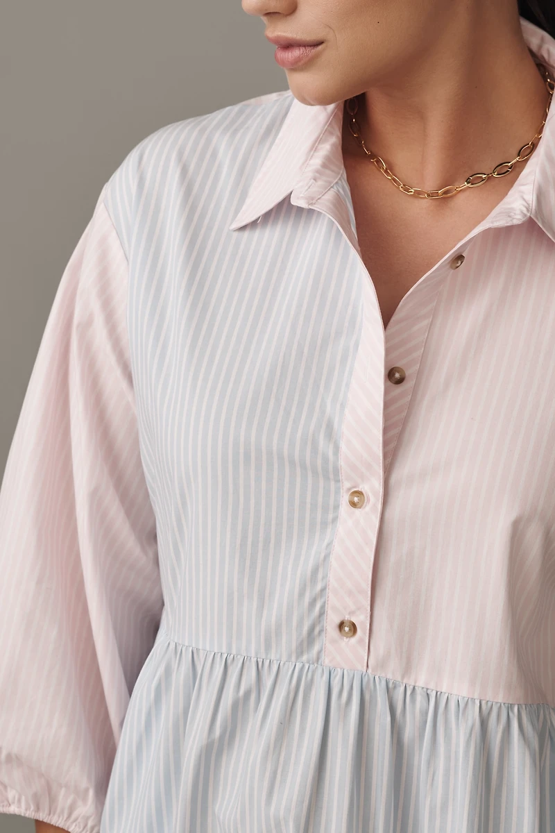 The Bettina Stripe Mix Tiered Mini Shirt Dress by Maeve