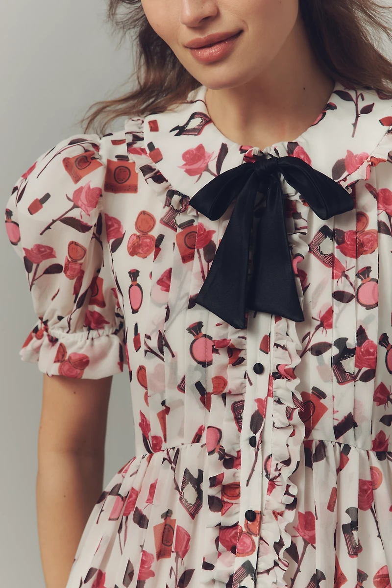 Anisa Makhoul x Maeve Puff-Sleeve Collared Bow-Front Pleated Mini Dress
