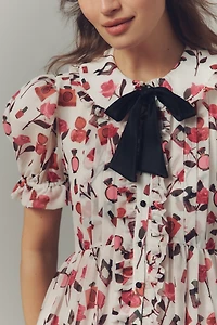 Anisa Makhoul x Maeve Puff-Sleeve Collared Bow-Front Pleated Mini Dress
