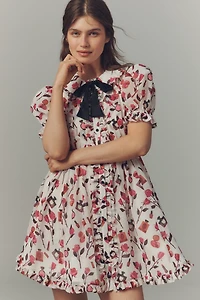 Anisa Makhoul x Maeve Puff-Sleeve Collared Bow-Front Pleated Mini Dress