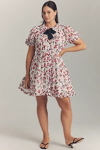Anisa Makhoul x Maeve Puff-Sleeve Collared Bow-Front Pleated Mini Dress