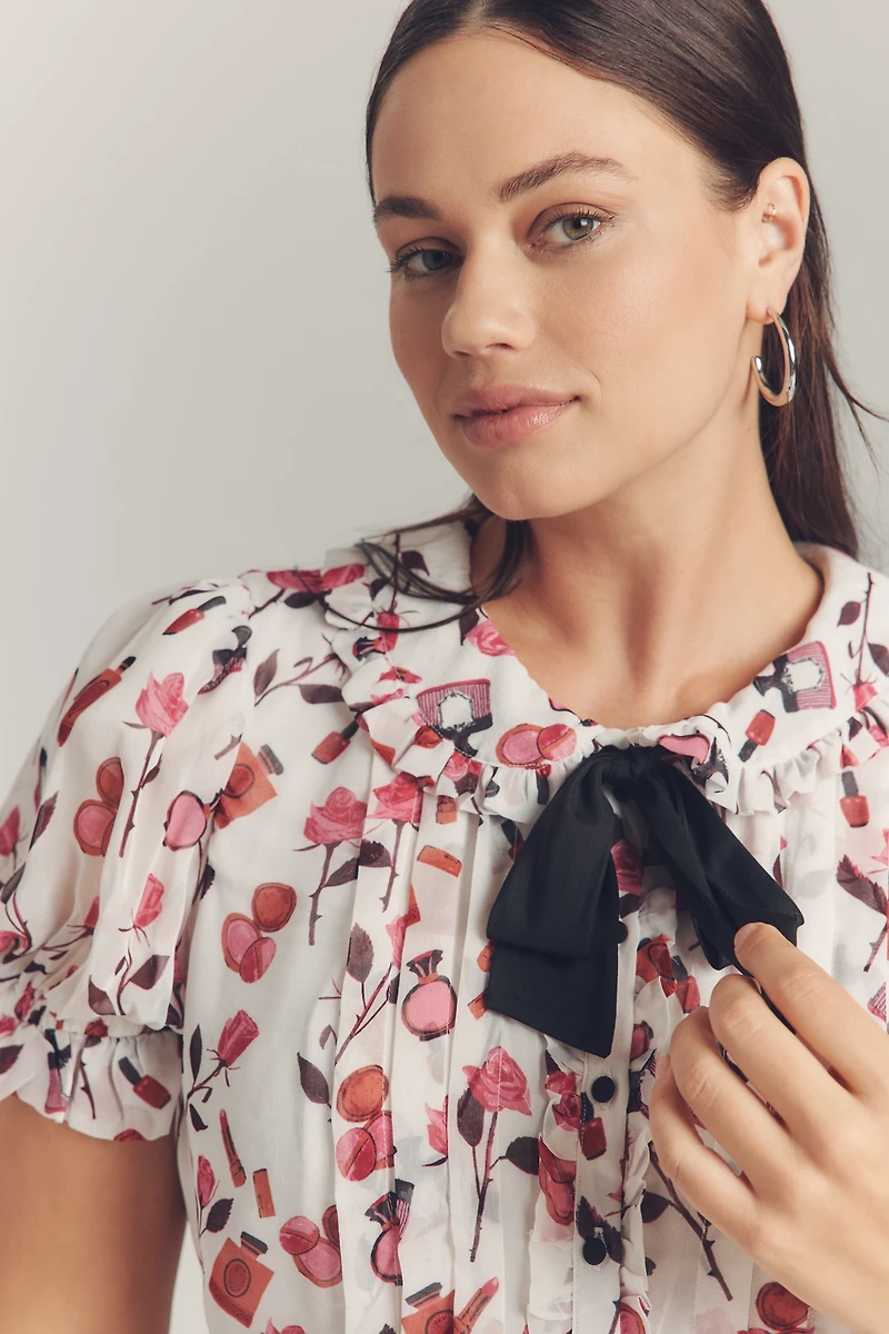 Anisa Makhoul x Maeve Puff-Sleeve Collared Bow-Front Pleated Mini Dress