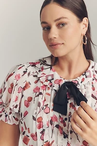 Anisa Makhoul x Maeve Puff-Sleeve Collared Bow-Front Pleated Mini Dress