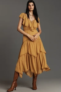 By Anthropologie Short-Sleeve V-Neck Ruffle Midi Dress