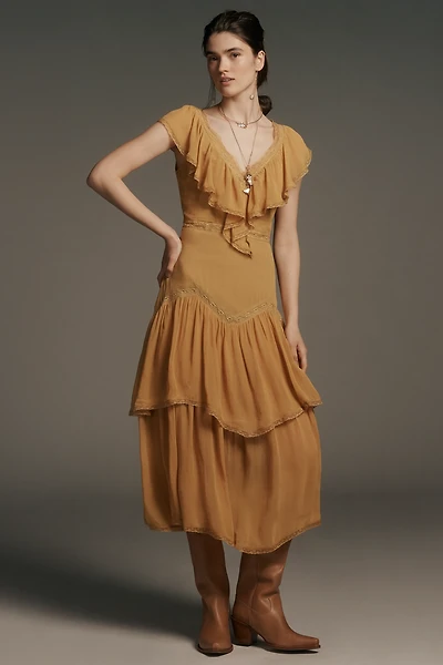 By Anthropologie Short-Sleeve V-Neck Ruffle Midi Dress