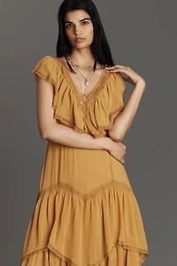 By Anthropologie Short-Sleeve V-Neck Ruffle Midi Dress