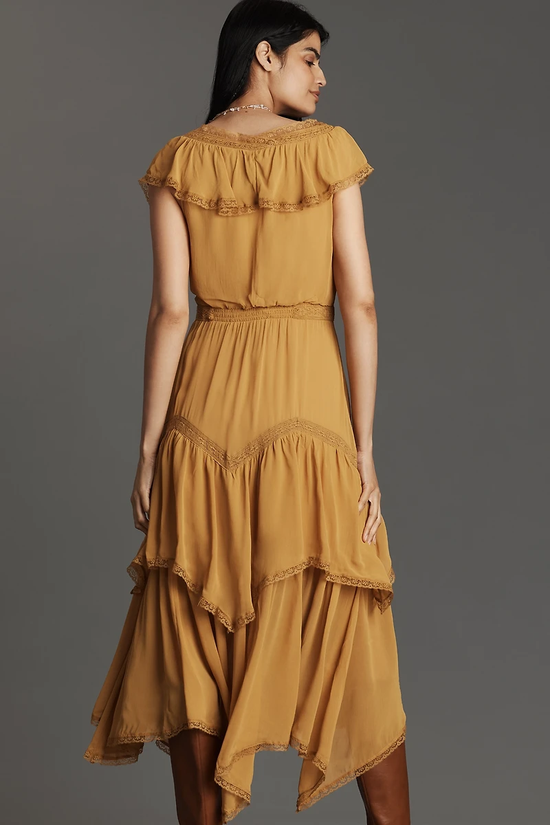 By Anthropologie Short-Sleeve V-Neck Ruffle Midi Dress