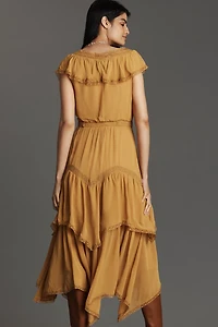 By Anthropologie Short-Sleeve V-Neck Ruffle Midi Dress