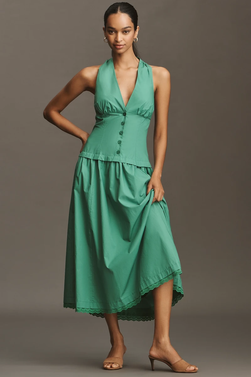 Maeve Halter V-Neck Drop-Waist Midi Dress