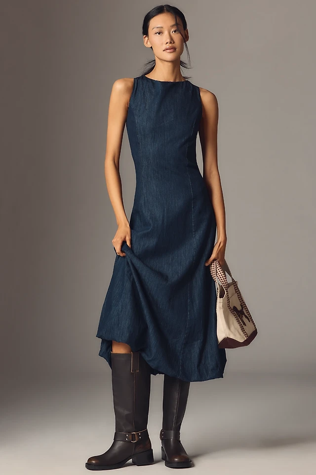 anthropologie denim midi dress Boat-Neck Denim Bubble Midi Dress by Anthropologie in Dark Wash, Size: XS