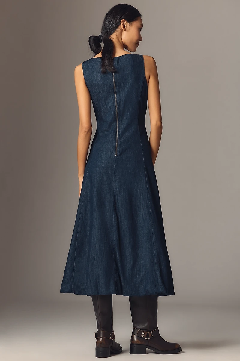 By Anthropologie Boat-Neck Denim Bubble Midi Dress