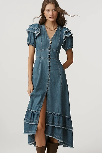 Pilcro Short-Sleeve Ruffled Midi Shirt Dress
