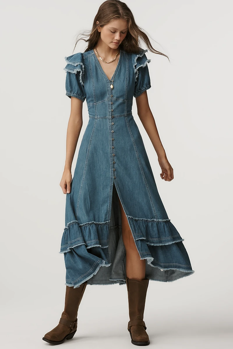 Pilcro Short-Sleeve Ruffled Midi Shirt Dress