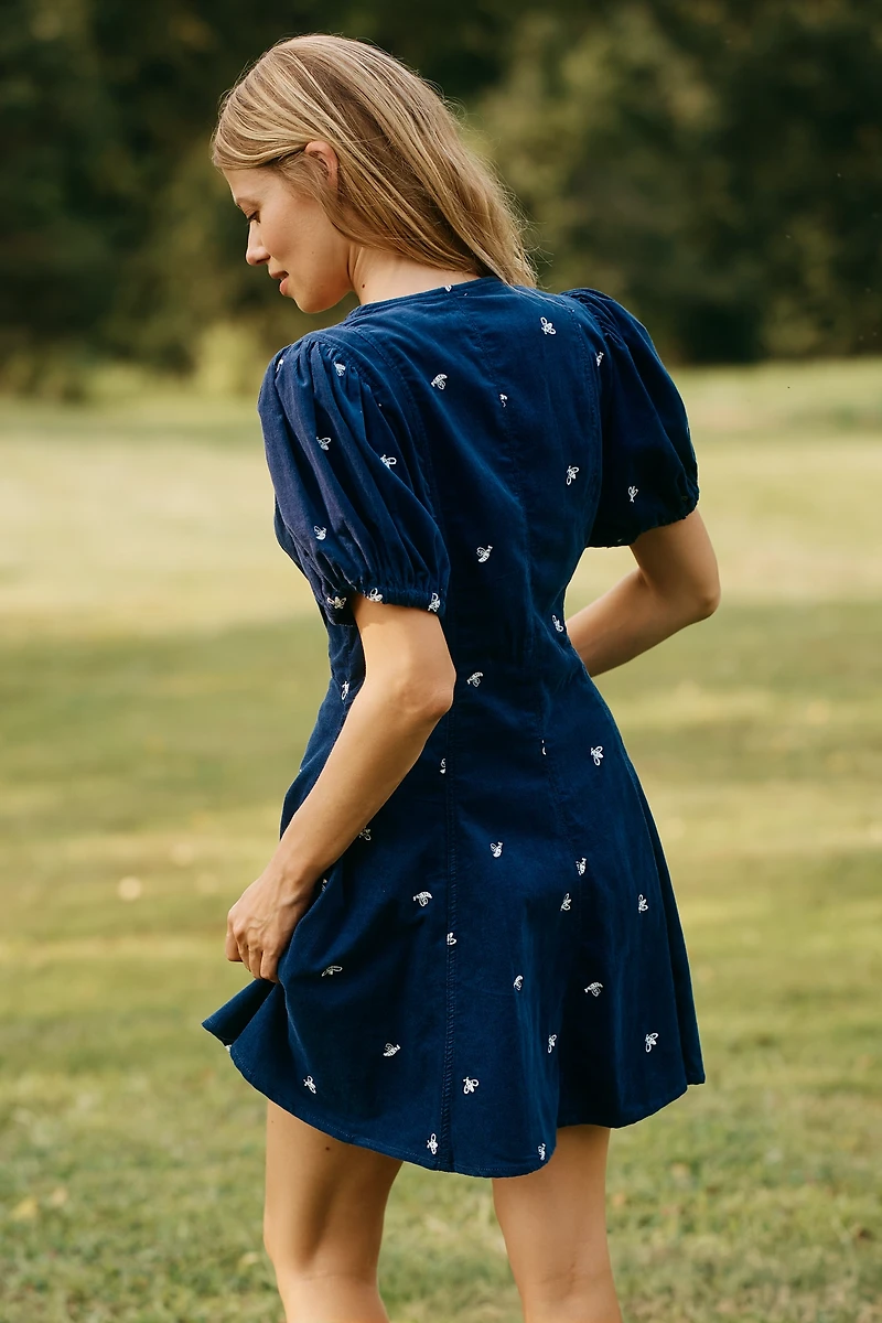 By Anthropologie Puff-Sleeve Corduroy Mini Dress
