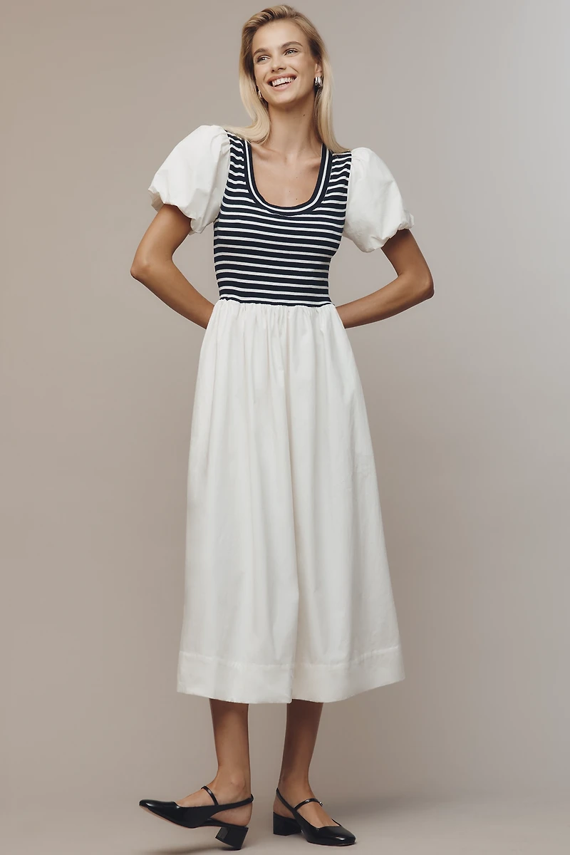 Maeve Puff-Sleeve Striped Poplin Midi Dress