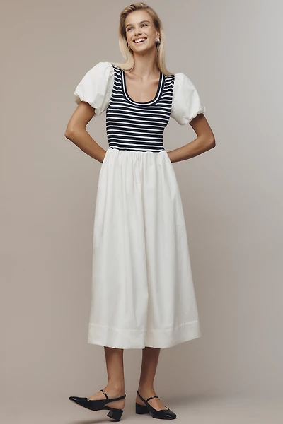 Maeve Puff-Sleeve Striped Poplin Midi Dress