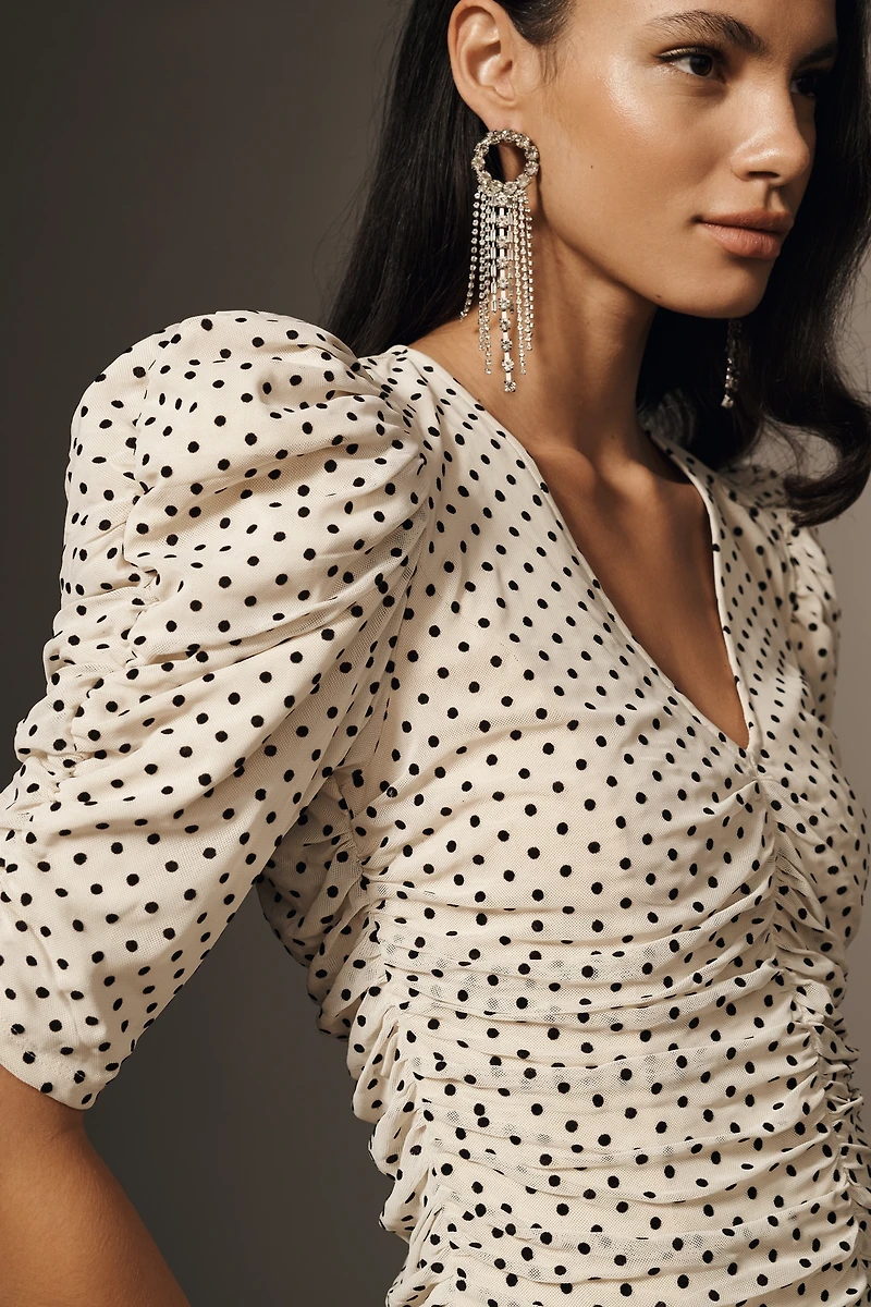 Maeve Puff-Sleeve Ruched Polka Dot Mini Dress