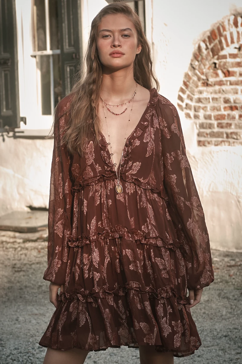 By Anthropologie Long-Sleeve Tiered Mini Dress