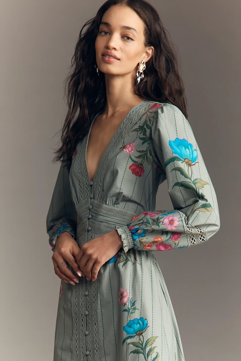 By Anthropologie Floral Button-Front Midi Dress