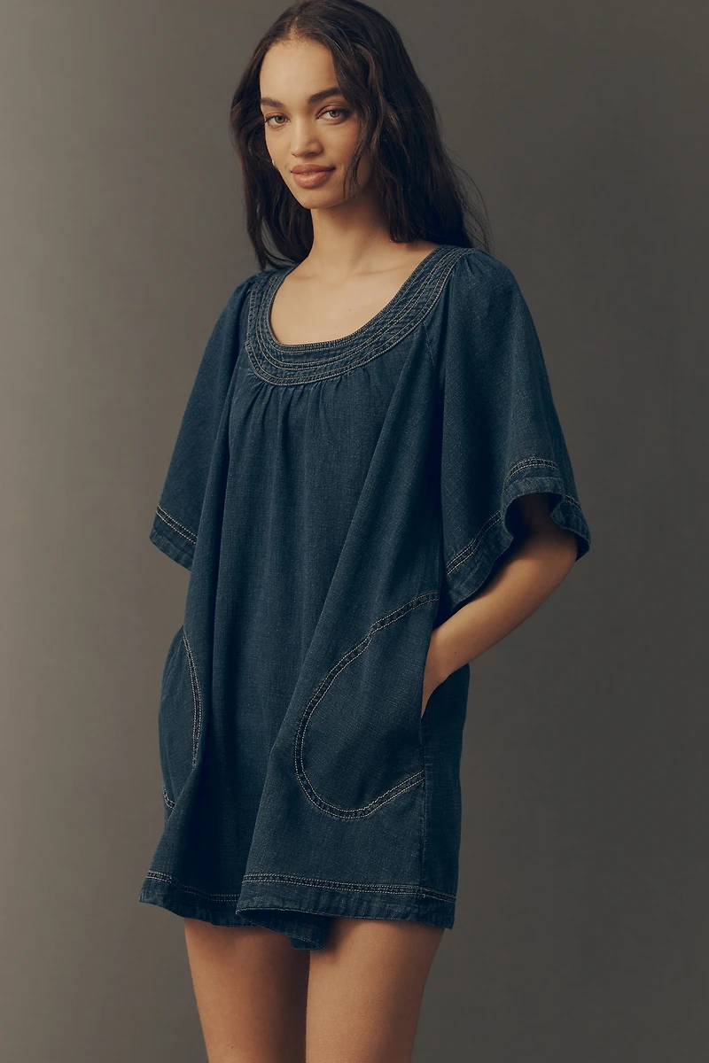 Pilcro Short-Sleeve Square-Neck Denim Swing Dress