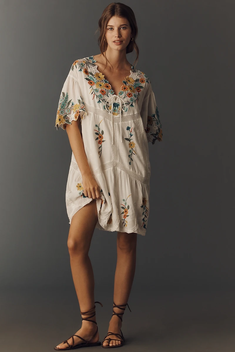 By Anthropologie Embroidered Short-Sleeve Mini Swing Dress
