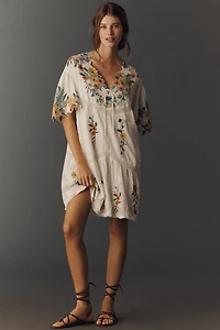 By Anthropologie Embroidered Short-Sleeve Mini Swing Dress