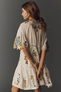 By Anthropologie Embroidered Short-Sleeve Mini Swing Dress